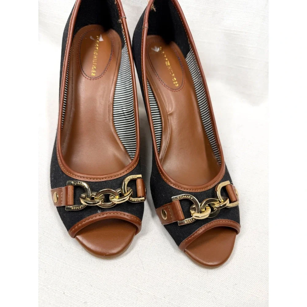 Tommy Hilfiger Canvas Horsebit Cork Wedge Peep Toe Heels Black Brown Sz 6.5 NWOB